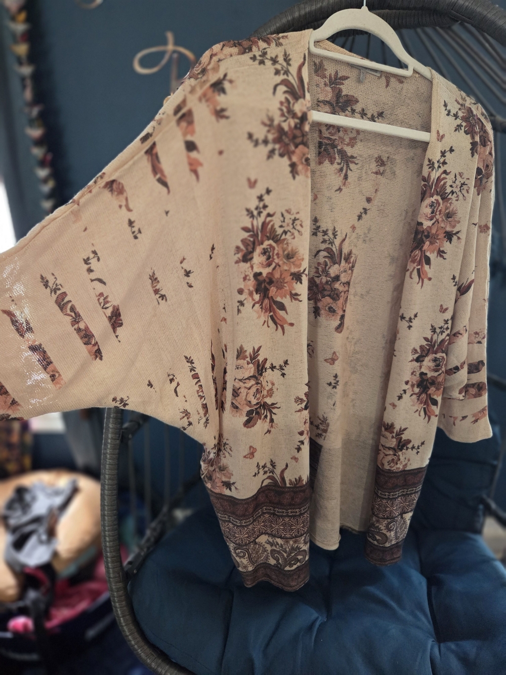 Charlotte Russe Cream Floral Open-Front Cardigan with Brown Border